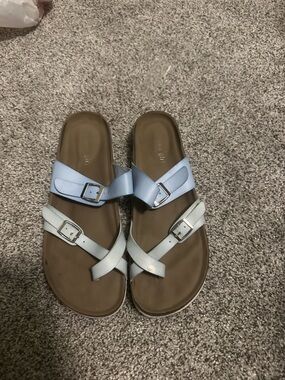 Madden Girl Light Blue and Pale Blue Buckle Slide Sandals